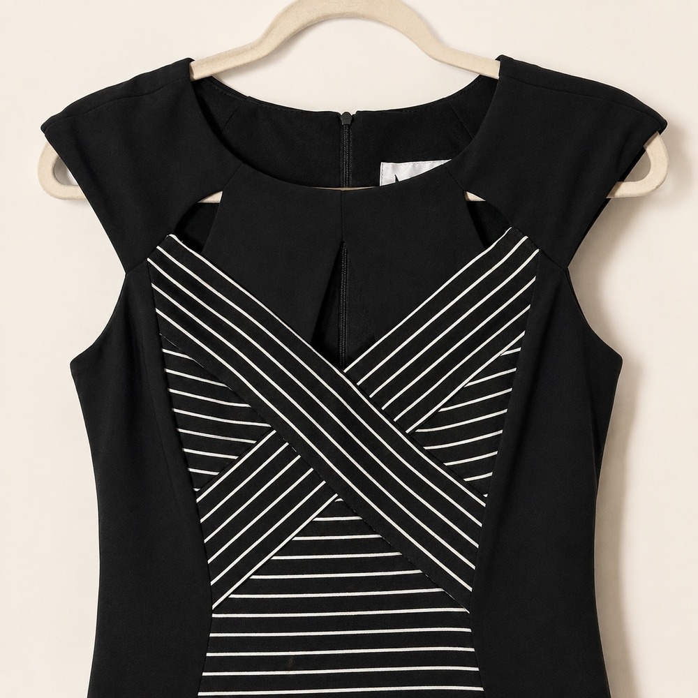 Joseph Ribkoff Sheath Bodycon Dress Size 6 Black Striped Cap Sleeve - Picture 3 of 6